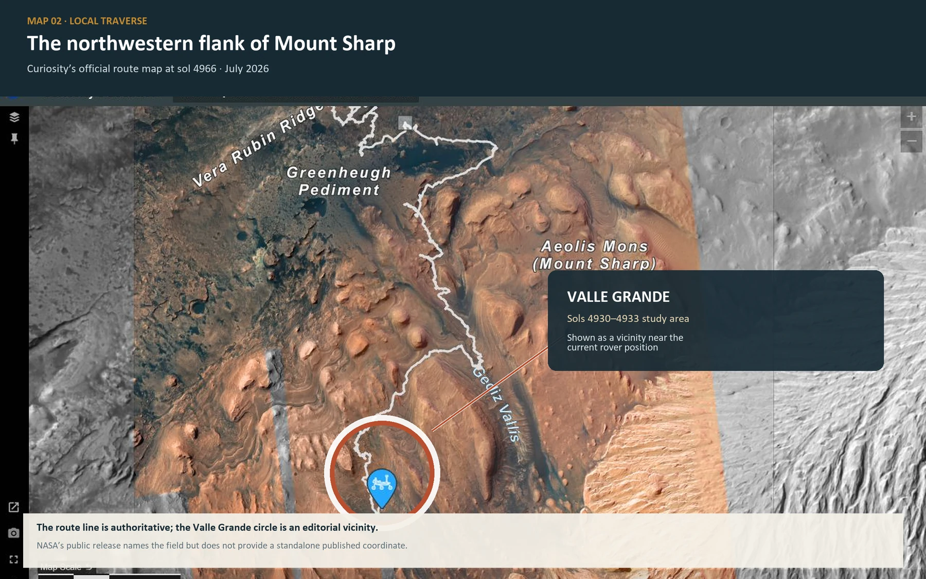 Official Curiosity traverse map with an Apeira Astra annotation marking the approximate Valle Grande vicinity