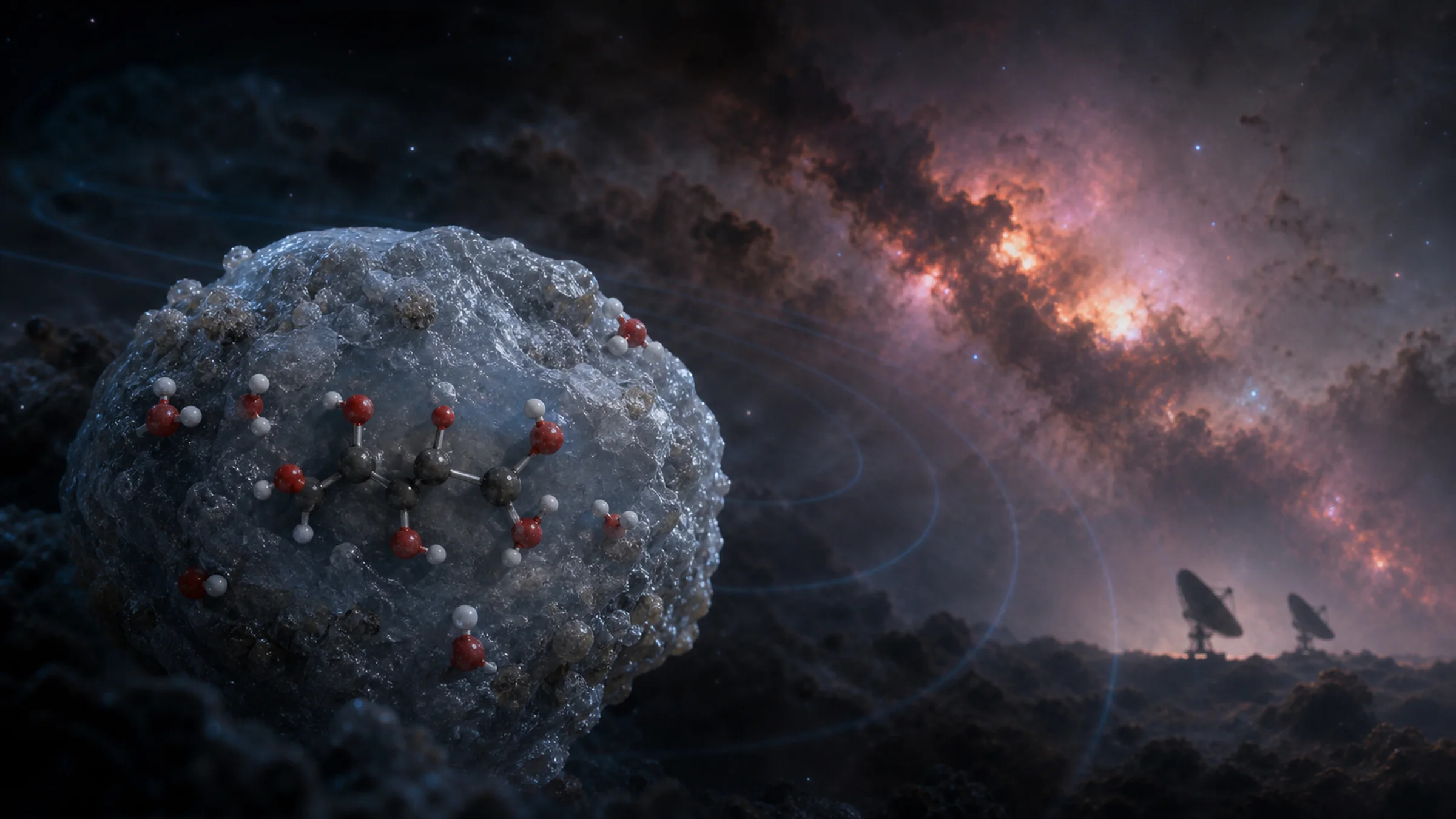 Conceptual illustration of erythrulose chemistry on an icy interstellar dust grain near the Milky Way's center
