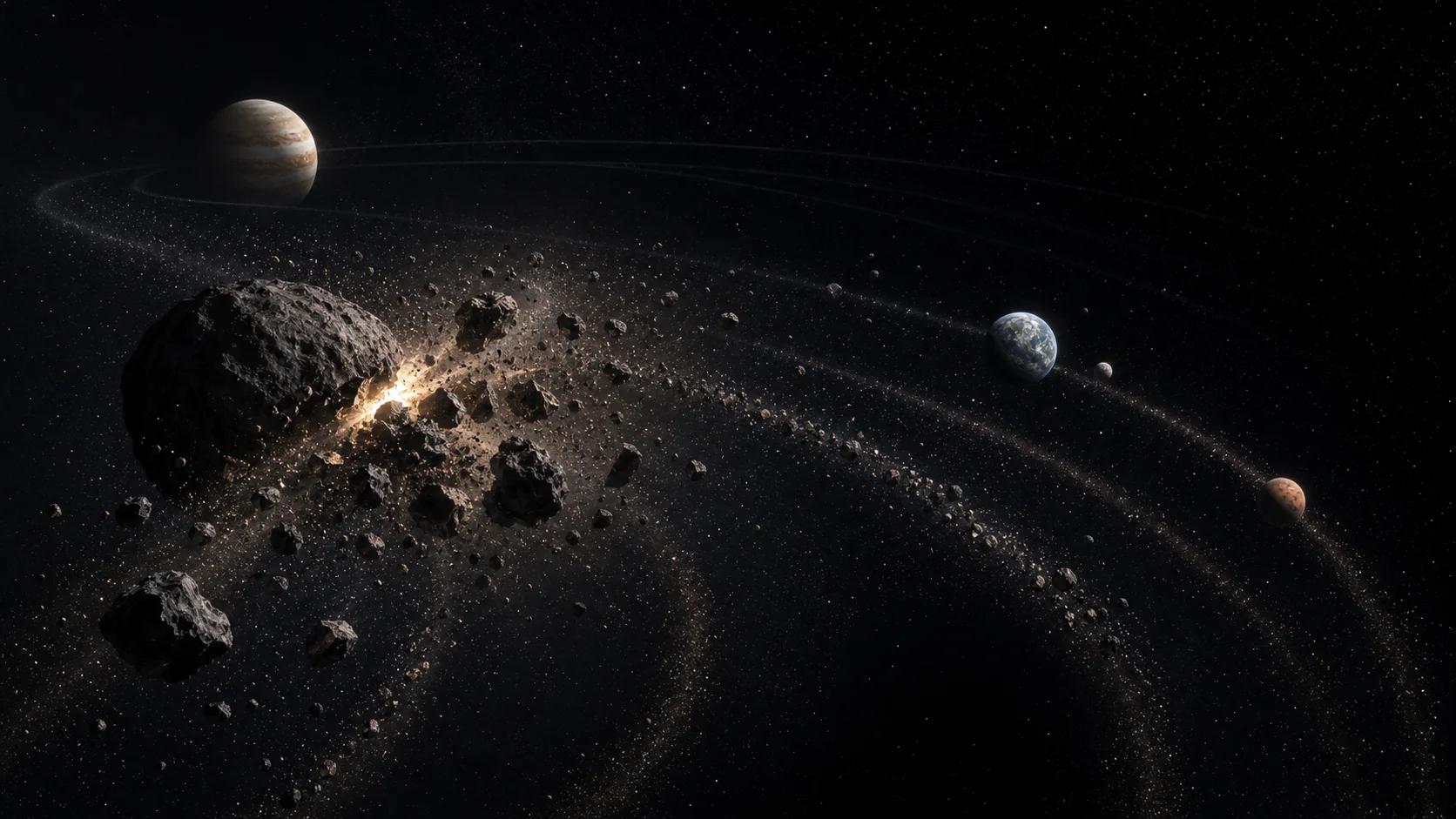 Conceptual illustration of the ancient Eulalia asteroid breakup sending debris toward the inner Solar System