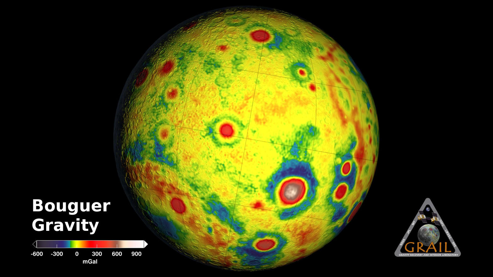 Bouguer gravity globe of the Moon from GRAIL, with red mass excesses and blue deficits