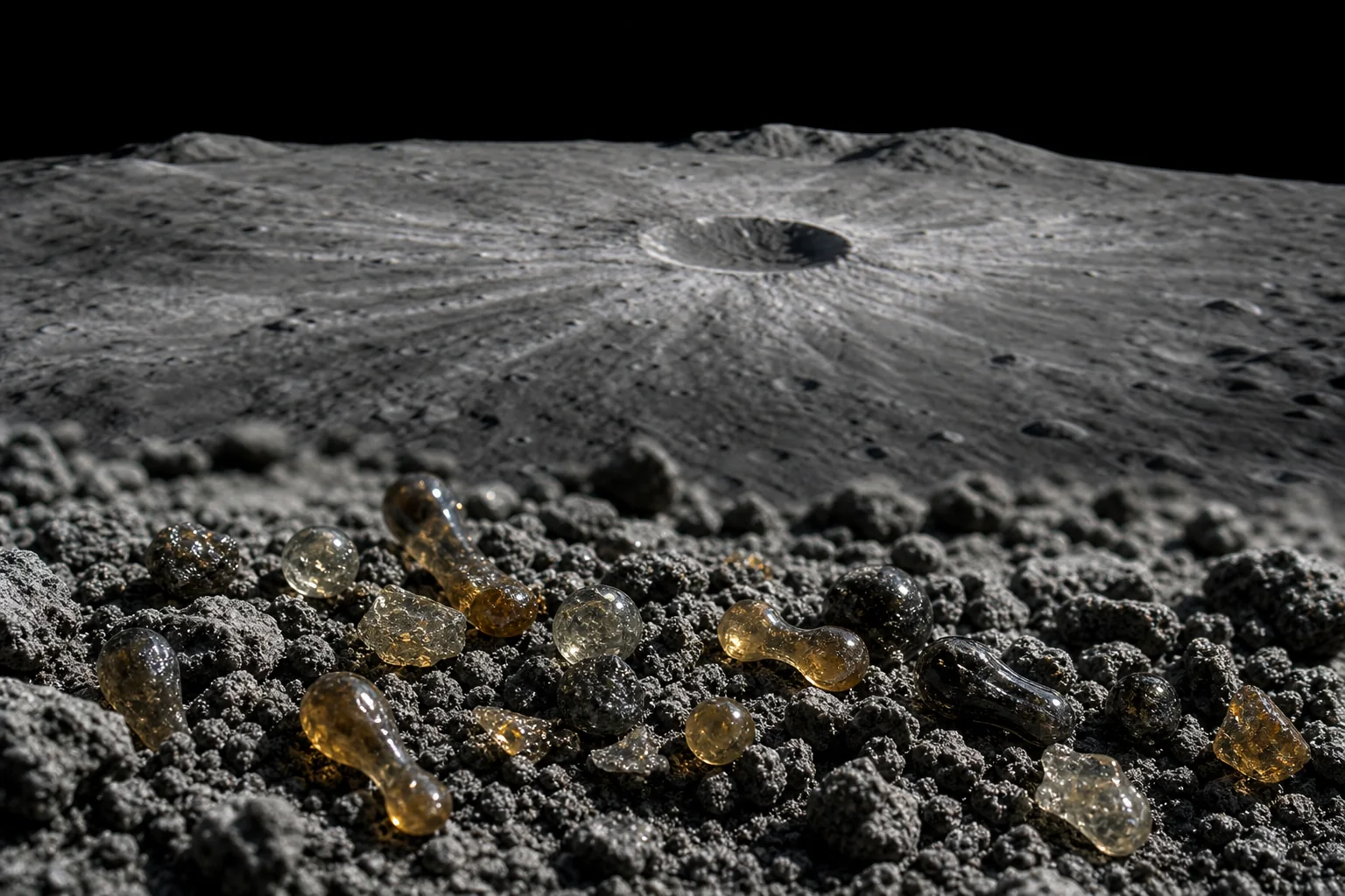 Conceptual macro view of lunar impact-glass particles on regolith with a cratered lunar horizon