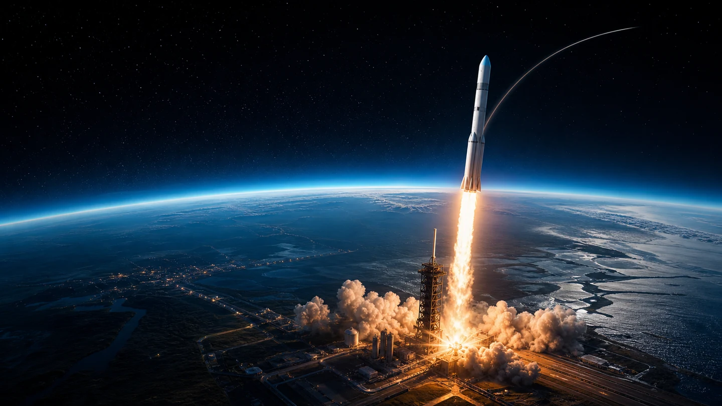 An orbital rocket rising above a coastal launch complex and Earth's illuminated atmospheric horizon